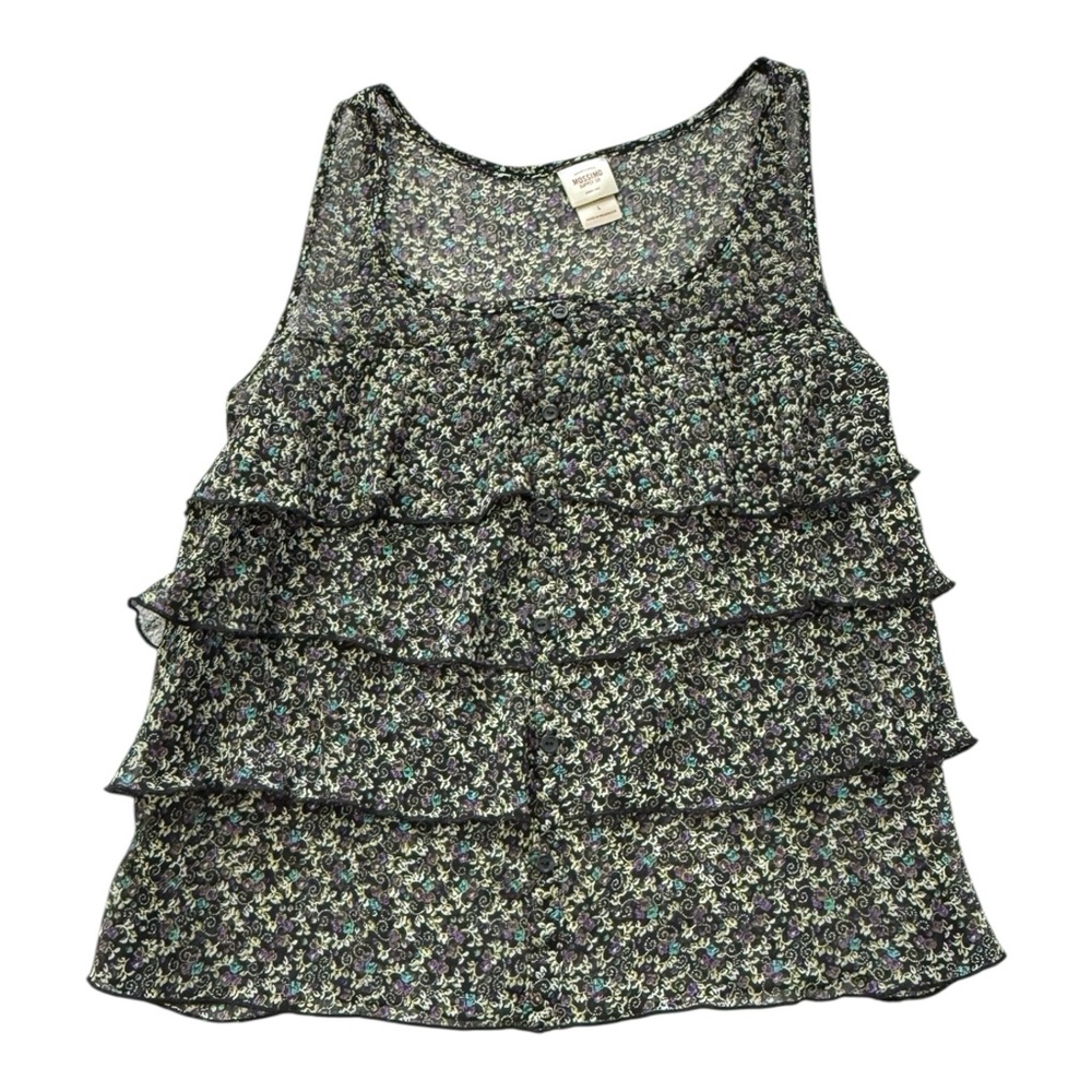 VTG Y2K Babydoll Top Women L Black Purple Floral Tiered Fairy Cottagecore